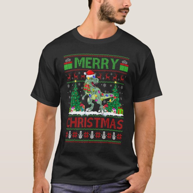 Camiseta Dinosaur   Xmas Tree Light Ugly Santa Dinosaur Chr (Anverso)