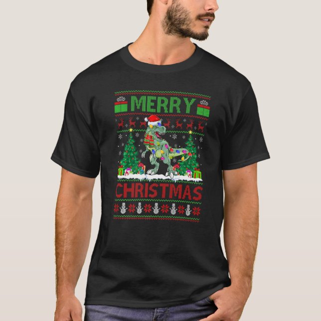 Camiseta Dinosaur  Xmas Tree Light Ugly Santa Dinosaur Chri (Anverso)