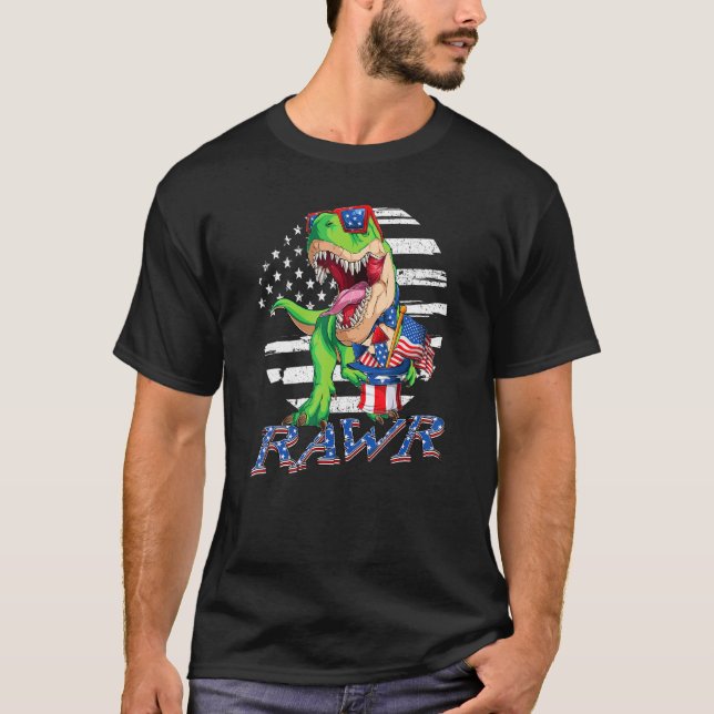 Camiseta Dinosaurio 4 De Julio Niños Con Bandera Rex Estado (Anverso)