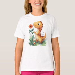 Camiseta Dinosaurio amarillo lindo sostiene una flor