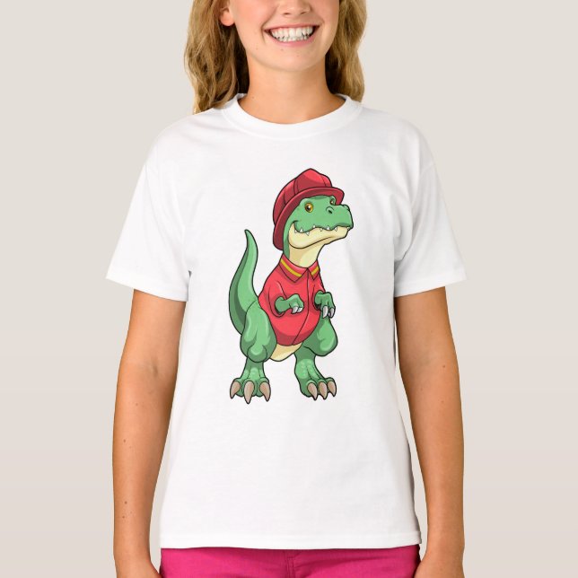 Camiseta Dinosaurio como bombero con casco de bomberos (Anverso)