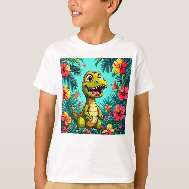 Camiseta Dinosaurio de dibujos animados alegres con flores  (Anverso)