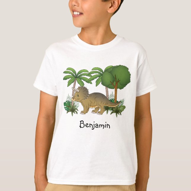 Camiseta Dinosaurio De Triceratops Con Árboles Y Plantas (Anverso)