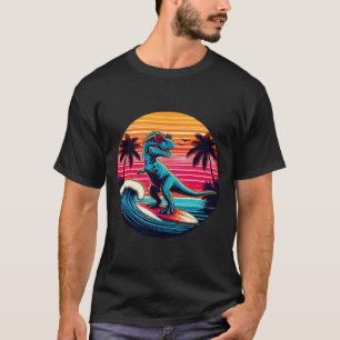 Camiseta Dinosaurio Divertido Surfando Atardecer Retro Homb