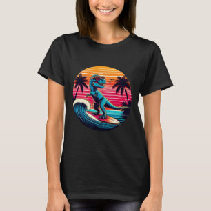 Camiseta Dinosaurio Divertido Surfando Atardecer Retro Homb