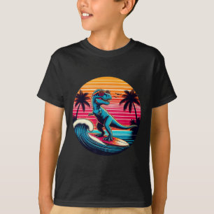 Camiseta Dinosaurio Divertido Surfando Puesta de Sol Retro