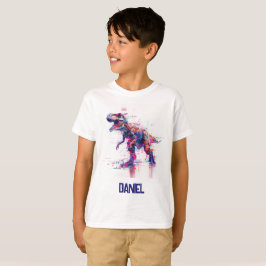 Camiseta Dinosaurio Glitch T-Rex futurista con nombre de ni