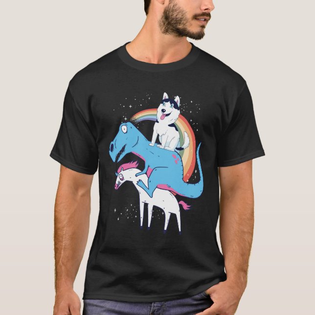 Camiseta Dinosaurio Husky Siberiano montando Unicorn Rex Hu (Anverso)