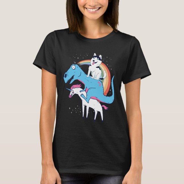 Camiseta Dinosaurio Husky Siberiano montando Unicorn Rex Hu (Anverso)