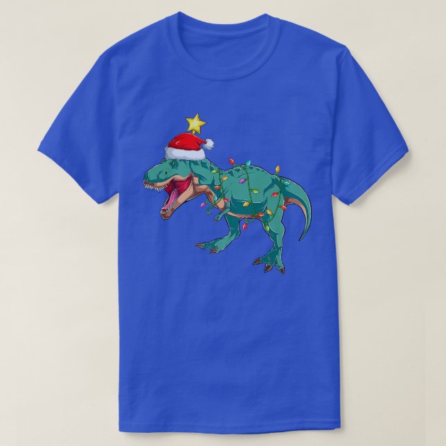 Camiseta Dinosaurio iluminando árbol de navidad coincidiend (Diseño del anverso)