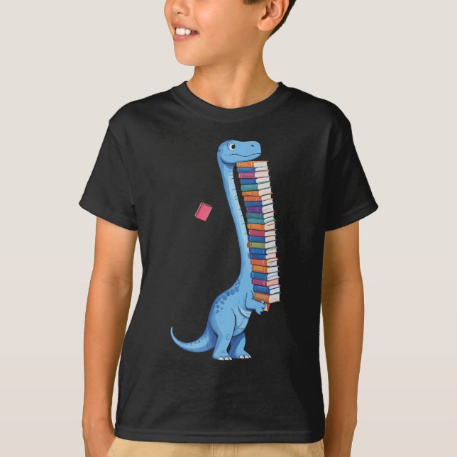 Camiseta Dinosaurio leyendo dino llevando libro  (Anverso)