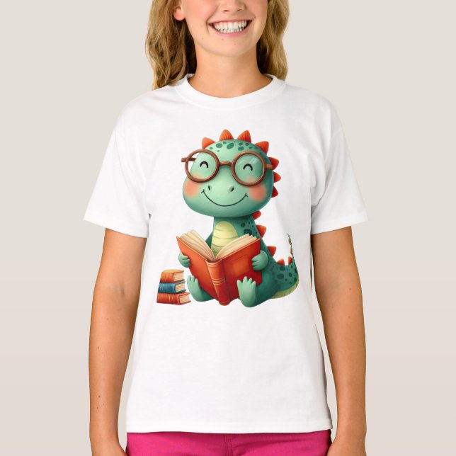 Camiseta Dinosaurio lindo con libros de vidrio de vuelta a  (Anverso)