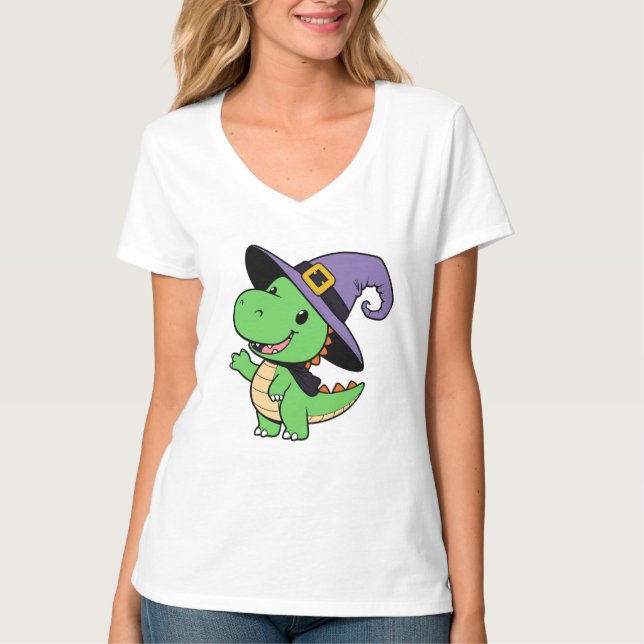 Camiseta Dinosaurio lindo vestido de bruja para Halloween (Anverso)
