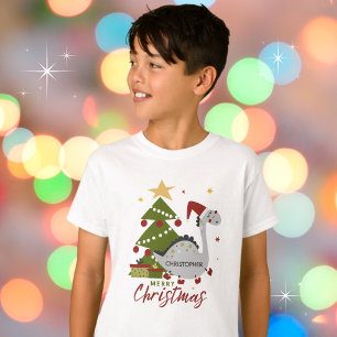 Camiseta Dinosaurio lindo y nombre de niño árbol de Navidad