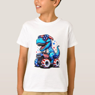 Camiseta Dinosaurio montando camión con bandera estadounide