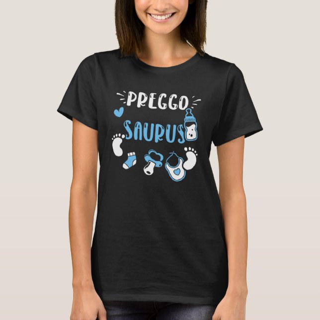 Camiseta Dinosaurio Preggo Saurus Baby Boy dice (Anverso)
