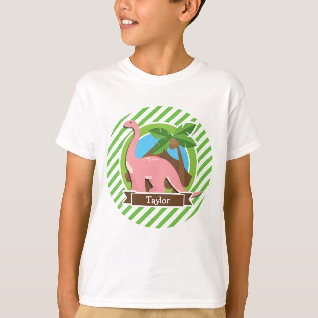 Camiseta Dinosaurio rosa, Dino; franjas verdes y blancas (Anverso)