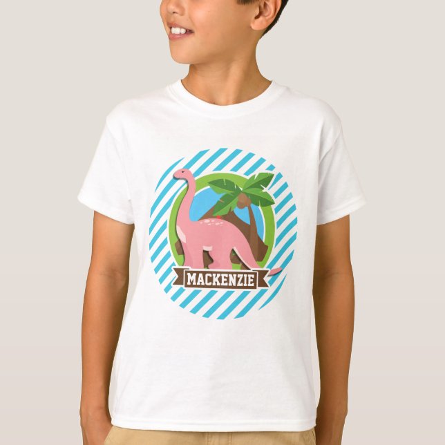 Camiseta Dinosaurio rosa; franjas azules y blancas (Anverso)