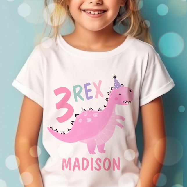 Camiseta Dinosaurio rosa tres Fiestas de tercer cumpleaños (Subido por el creador)