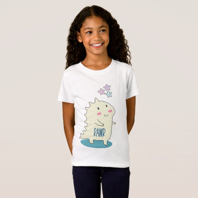 Camiseta Dinosaurio sonriente amarillo lindo con estrellas  (Anverso completo)