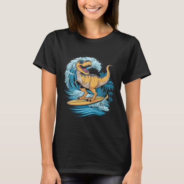 Camiseta Dinosaurio Surfista de Playa T-rex  (Anverso)