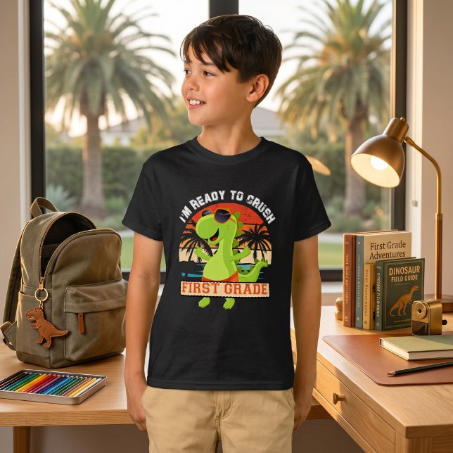 Camiseta Dinosaurio T-Rex Negrita Listo Para Aplastar 1er G (Bold Dinosaur T-Rex Ready To Crush 1st Grade Back-to-School Kids)