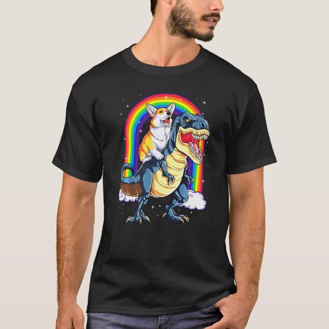 Camiseta Dinosaurio T Rex Space Galaxia Rainbow Corgi (Anverso)