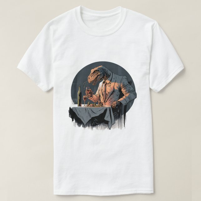 Camiseta Dinosaurio TRex divertido en restaurante de degust (Diseño del anverso)