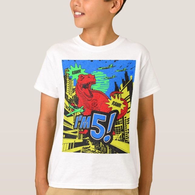 Camiseta Dinosaurios Comic Book I’m 5 Birthday Boy (Anverso)