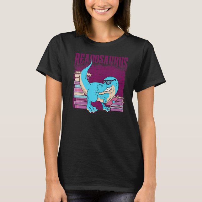 Camiseta Dinosaurios divertidos leyendo libros biblioteca B (Anverso)