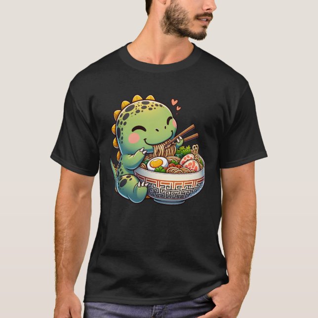 Camiseta Dinosaurios Kawaii comiendo ánime de fideos Ramen (Anverso)