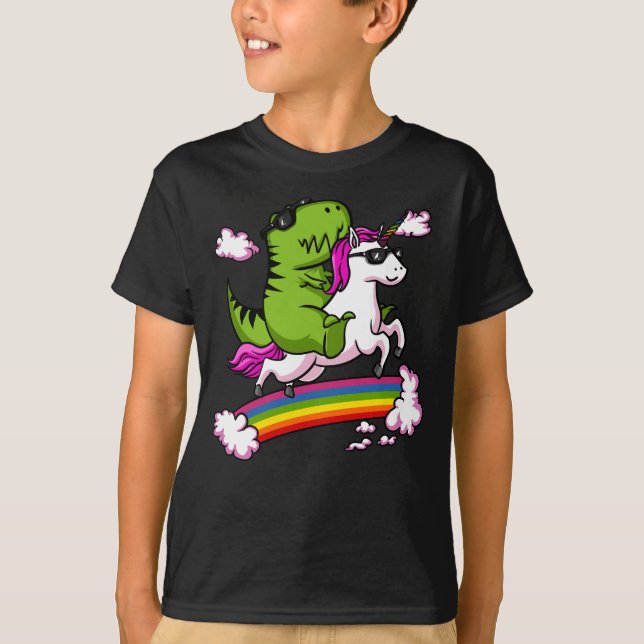 Camiseta Dinosaurios T-Rex montan arcoiris magico unicornio (Anverso)