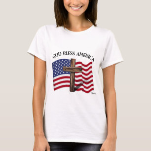 Camiseta DIOS BENDIGA A AMÉRICA con cruz robusta y bandera