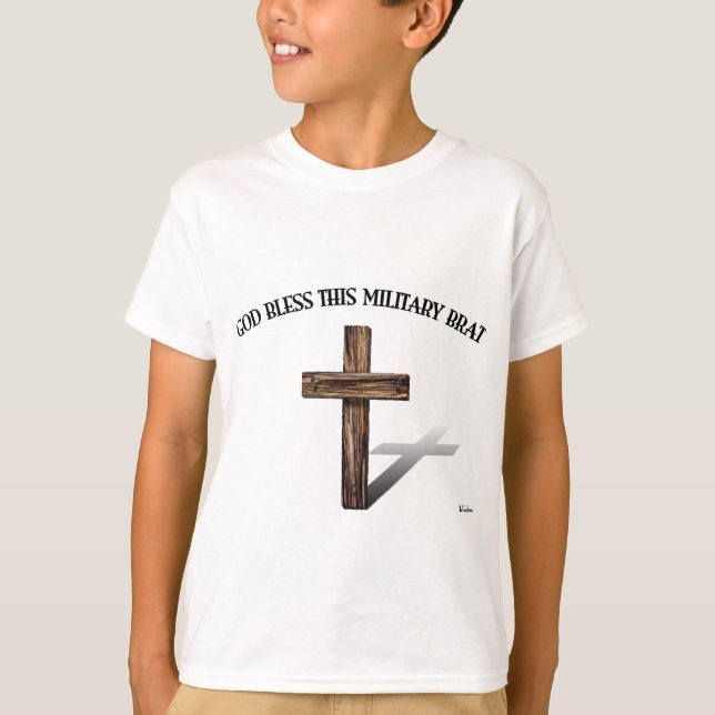 Camiseta DIOS BENDIGA A ESTE NIÑO MILITAR con cruz robusta (Anverso)