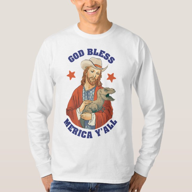 Camiseta Dios bendiga a Merica y a Jesús Dinosaurio Cowboy  (Anverso)