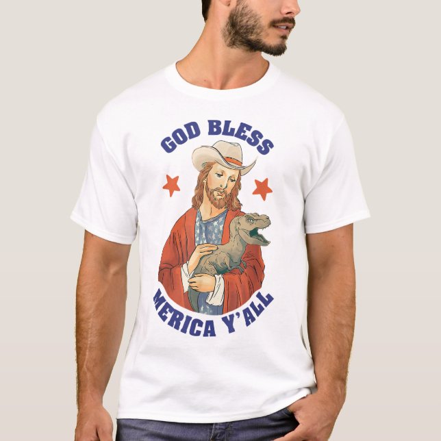 Camiseta Dios bendiga a Merica y a Jesús Dinosaurio Cowboy  (Anverso)