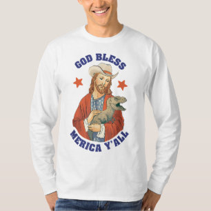 Camiseta Dios bendiga a Merica y a Jesús Dinosaurio Cowboy