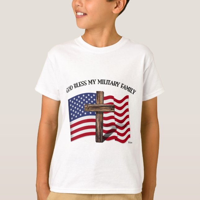 Camiseta DIOS BENDIGA A MI FAMILIA MILITAR cruz accidentada (Anverso)
