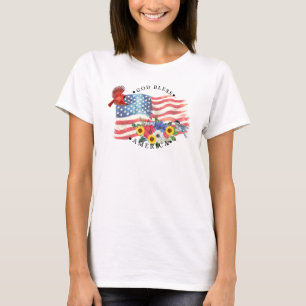 Camiseta Dios bendiga América Acuarela Bandera/Flores/Pájar