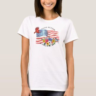Camiseta Dios bendiga América Acuarela Bandera/Flores/Pájar