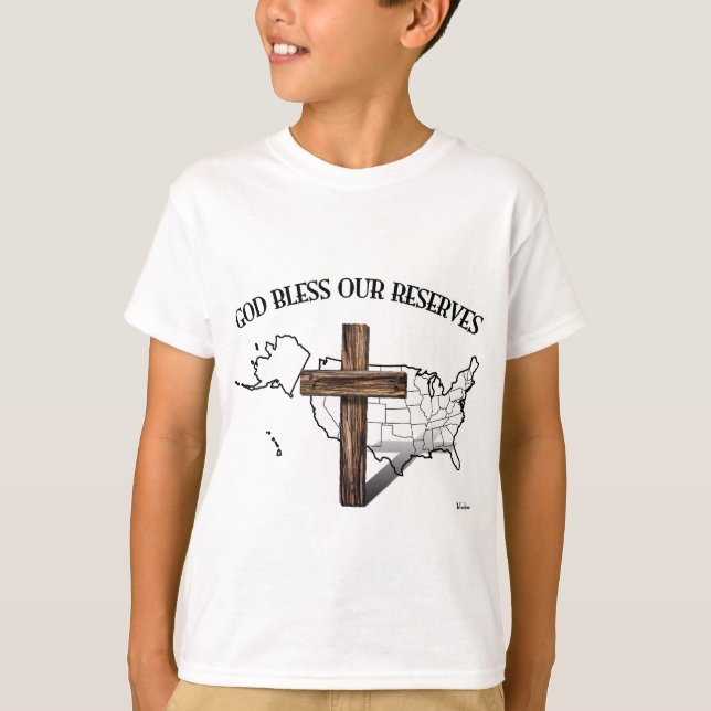 Camiseta DIOS BENDIGA NUESTRAS RESERVAS, cruz escarpada y c (Anverso)