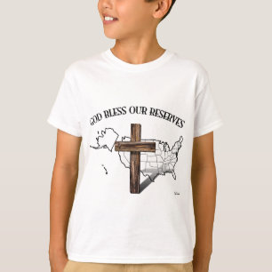 Camiseta DIOS BENDIGA NUESTRAS RESERVAS, cruz robusta y con