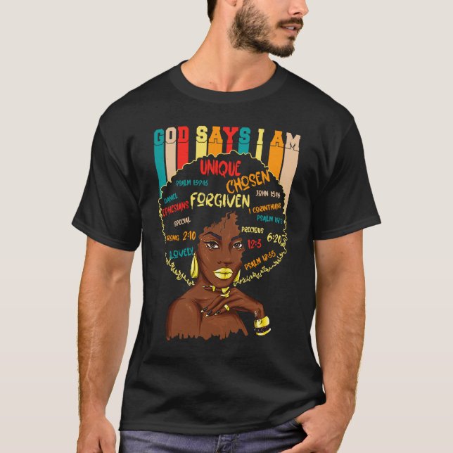Camiseta Dios dice que soy cristiano negro reina BHM BLM Af (Anverso)