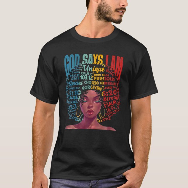 Camiseta Dios dice que soy único Melanin Afro Hair Black Hi (Anverso)