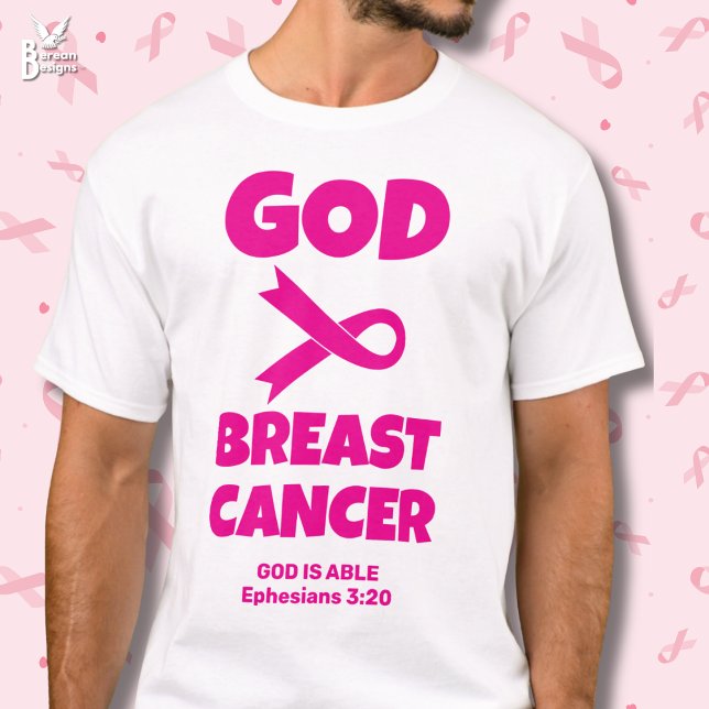Camiseta DIOS ES MÁS GRANDE QUE EL CÁNCER DE MAMA cristiano (GOD IS BIGGER THAN BREAST CANCER Christian tee with customizable Bible verse. Pink ribbon math sign.)