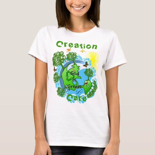 Camiseta Dios es verde. Aparato de cuidado de la creación (Anverso)