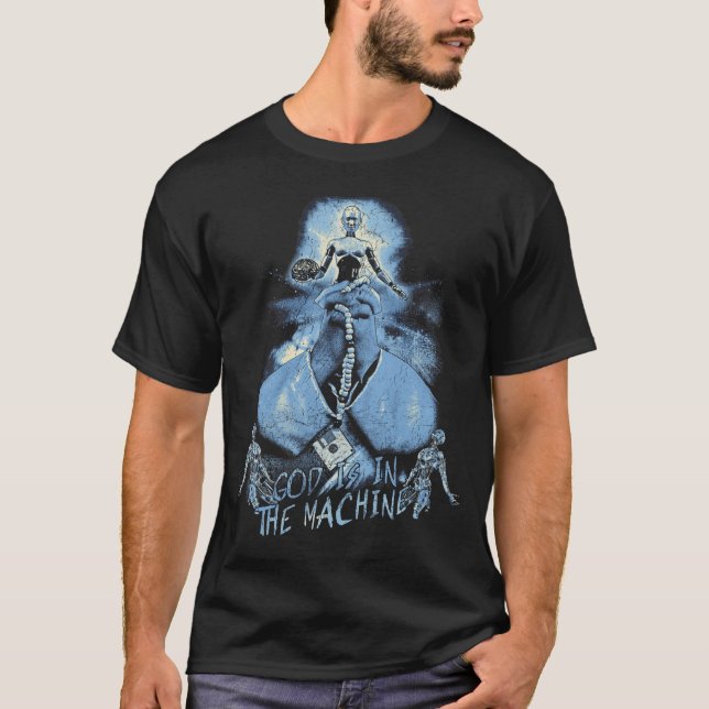 Camiseta Dios está en la máquina - Diseño tecno-distópico (Anverso)