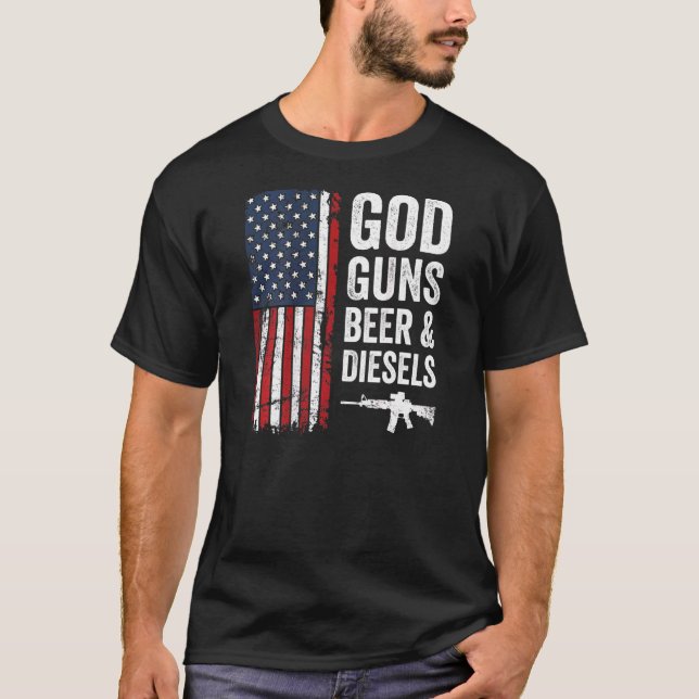 Camiseta Dios Guns Cerveza & Diesels Mens Usa Camión Mecáni (Anverso)
