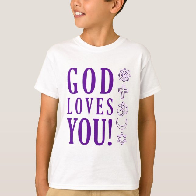Camiseta DIOS TE AMA + Símbolos Religiosos Mundiales (Anverso)