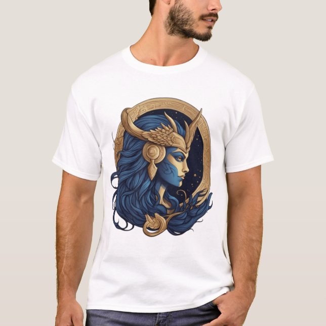 Camiseta Diosa del mar - Diseño elegante azul y dorado (Anverso)